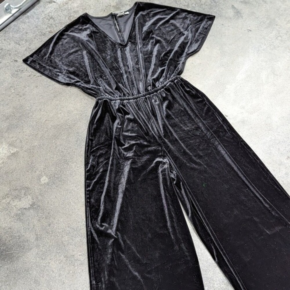 Vintage Y2K Gap Small Black 90s Crushed Velvet Short‎ Sleeve Jumpsuit Mob Wife - Picture 3 of 7